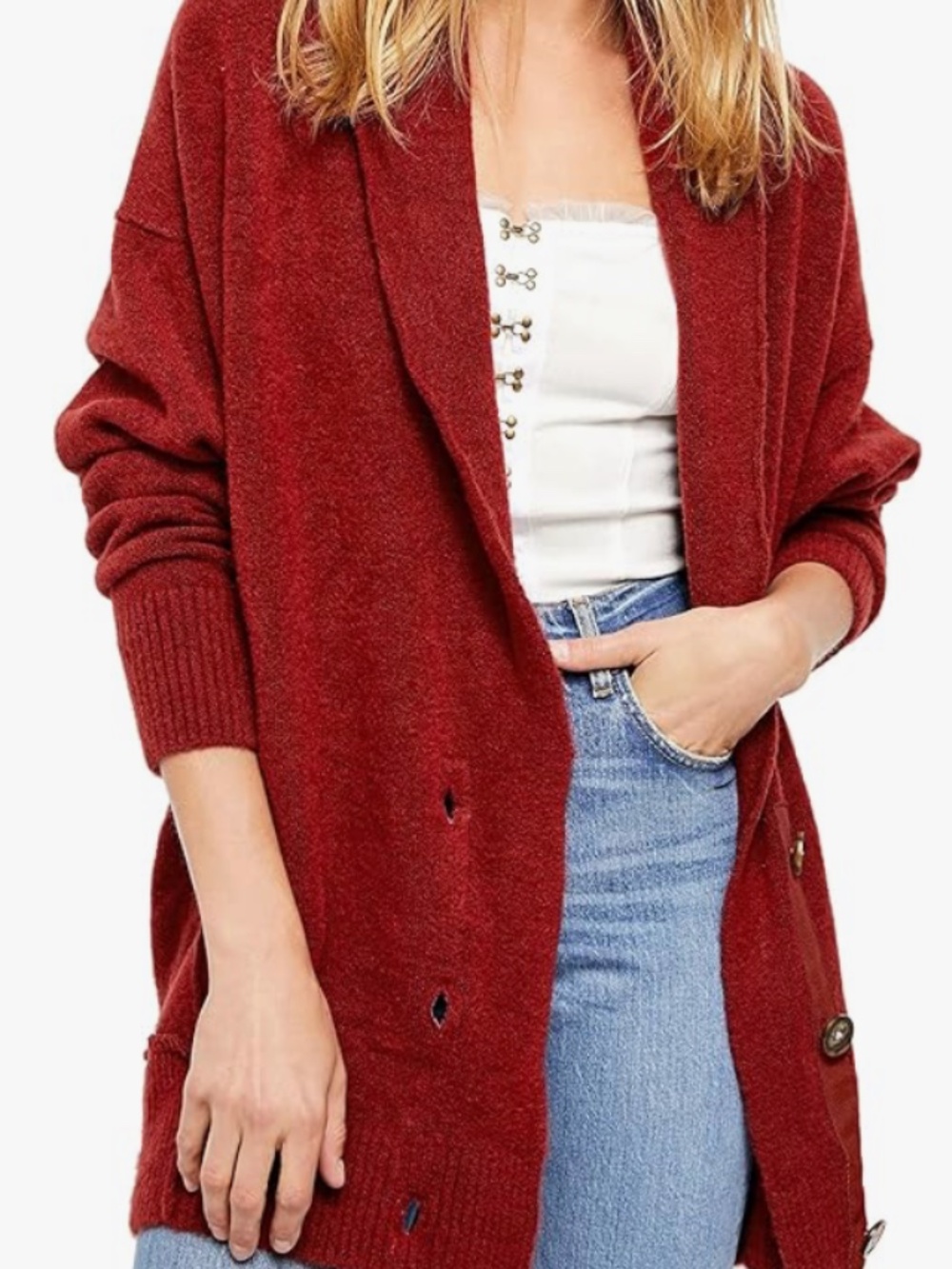 Free People Eucalyptus Cozy Oversized Cardigan Sweater in Brick Red Size S Small